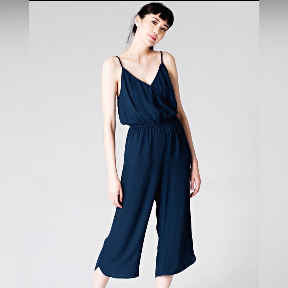 MONK + LOU Darla Navy Blue Cropped Wide Leg Jumpsuit